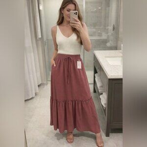 Witsmile Tiered Maxi Skirt Mauve Elastic Waist Boho Cottagecore Size Small